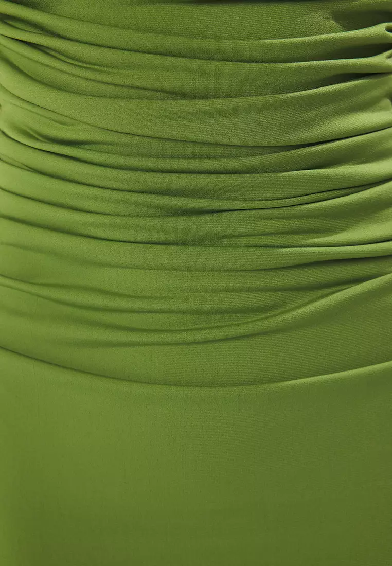 Oil Green Plain Gather / Drape Midi Twist Detail Stretchy Knit Dress TWOSS25EL00676