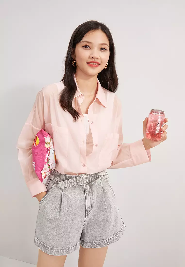 Loose Fit Semi Sheer Button Blouse