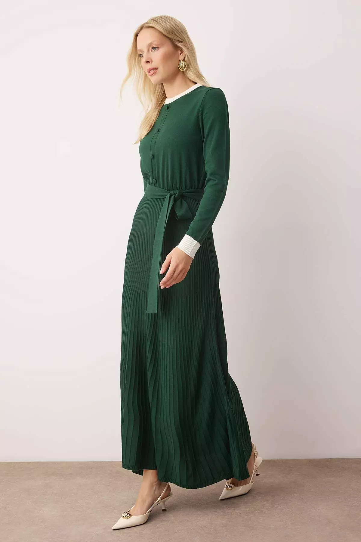 Emerald Green Pleated Knitwear Dress Tctaw26Eb00067