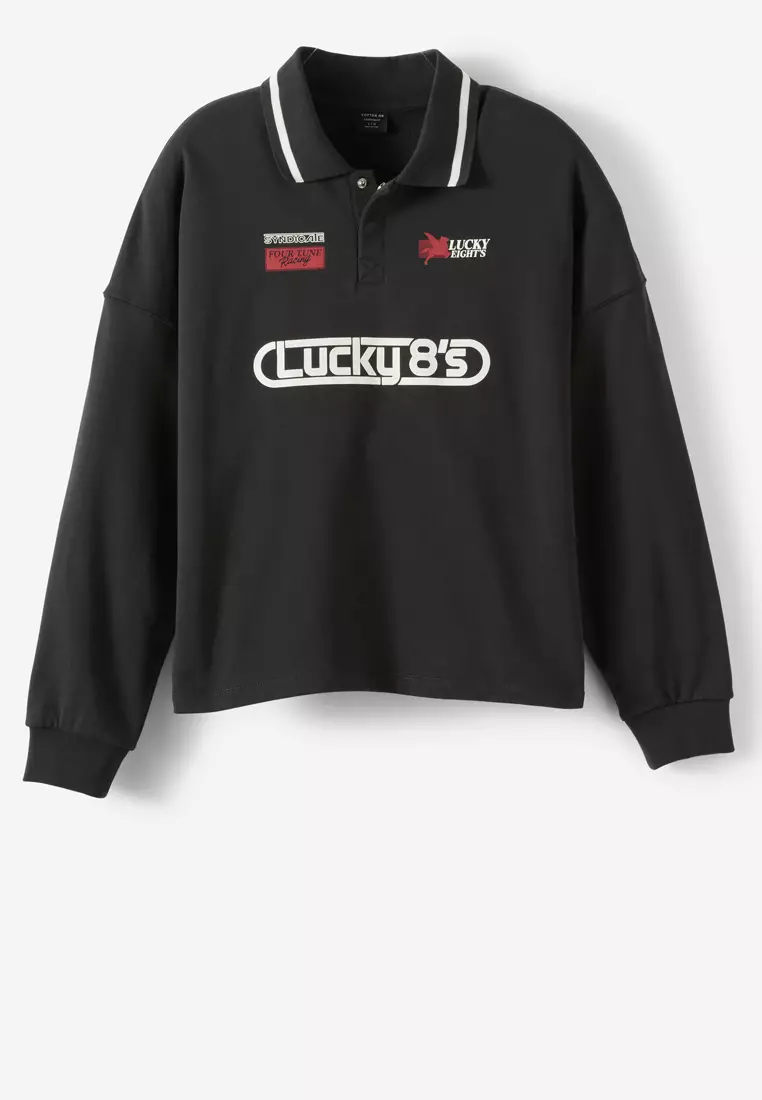 短版印花抓絨POLO衛衣