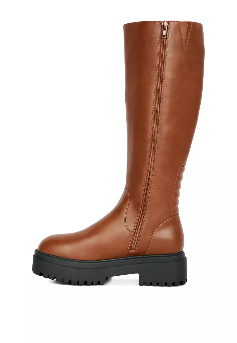 Tan Round Toe Knee High Platform Boot