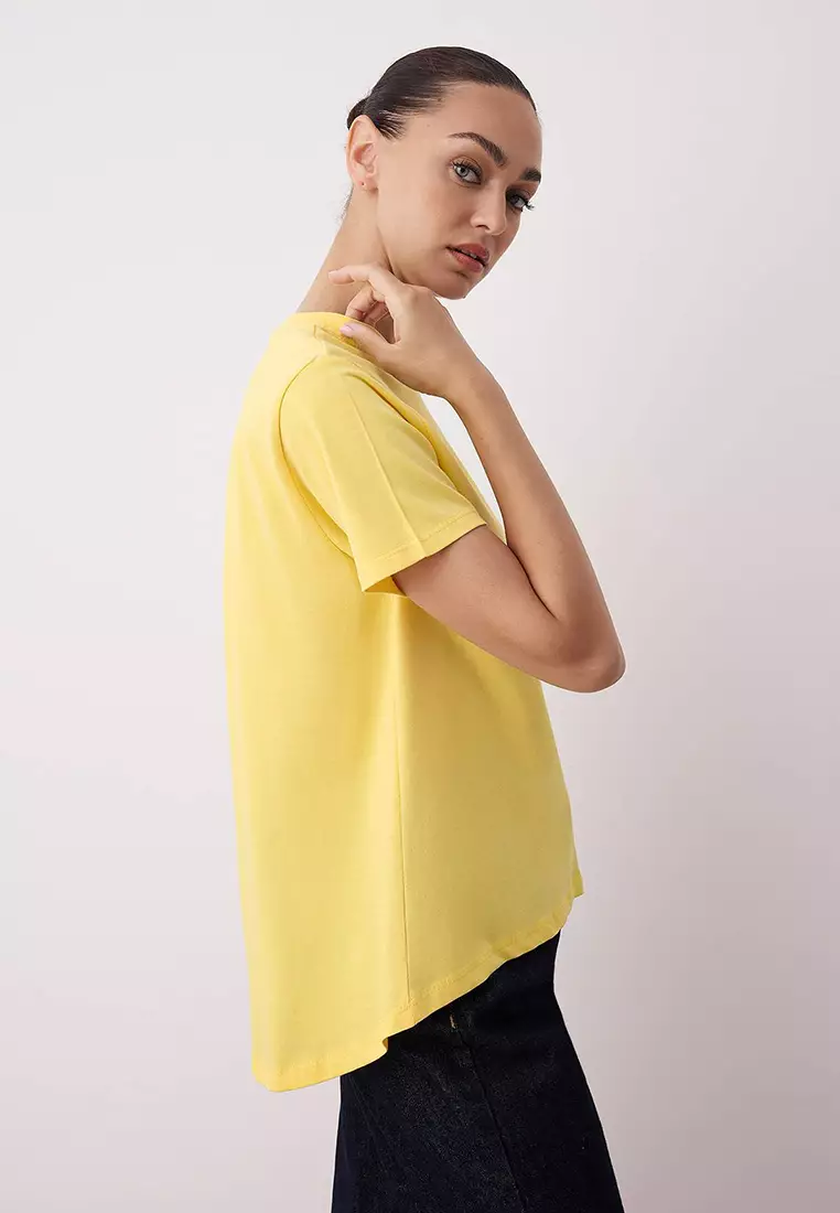 Brown Yellow Asymmetrical Front Back Detail Knitted T Shirt
