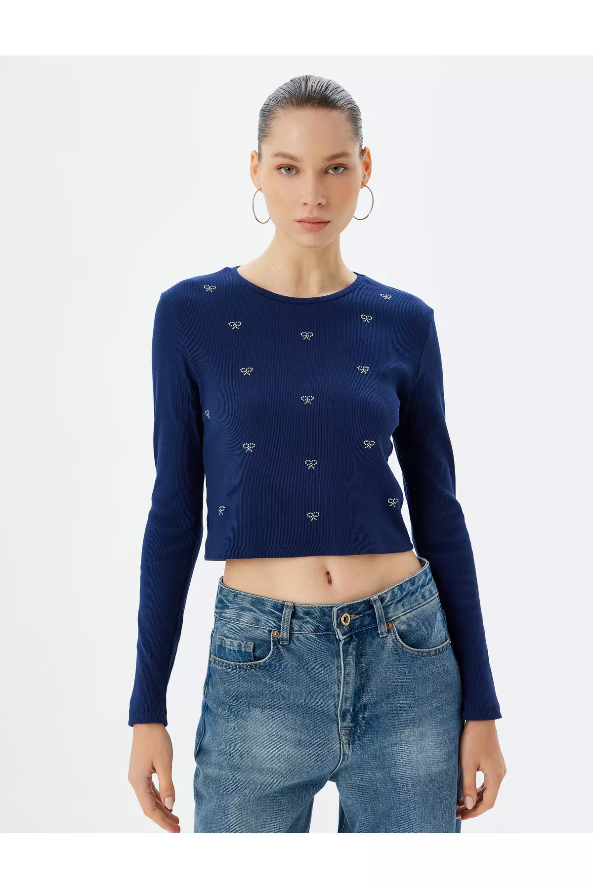 Crop T-Shirt Bow Pattern Long Sleeve Camisole Slim Fit