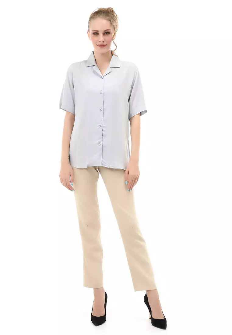 Holly Shirt Kemeja Basic Atasan Kasual Wanita Lengan Pendek Material Rayon ORIGINAL - Blue