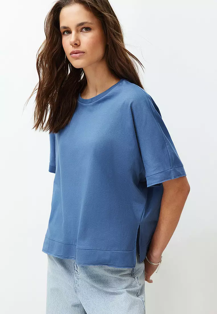 Indigo 100% Cotton Slit And Slit Detailed Oversize/Relaxed Cut Knitted T-Shirt Twoss24Ts00027