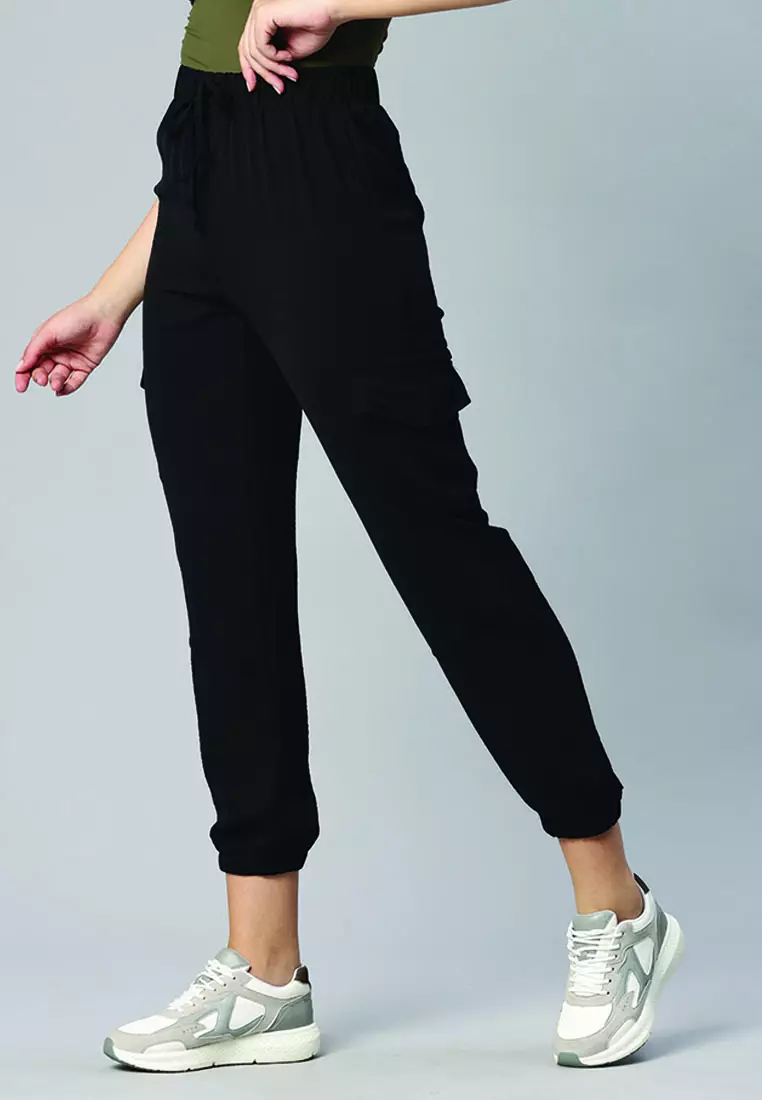 Celana Serut Kargo Bertingkat Tinggi Hitam