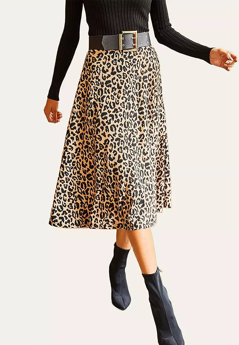 Mink Leopard Elastic Waist Suede Textured Bell Skirt