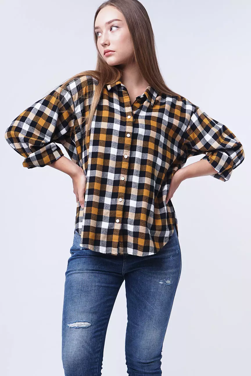 Kemeja Flanel Wanita Maeva Mustard Black