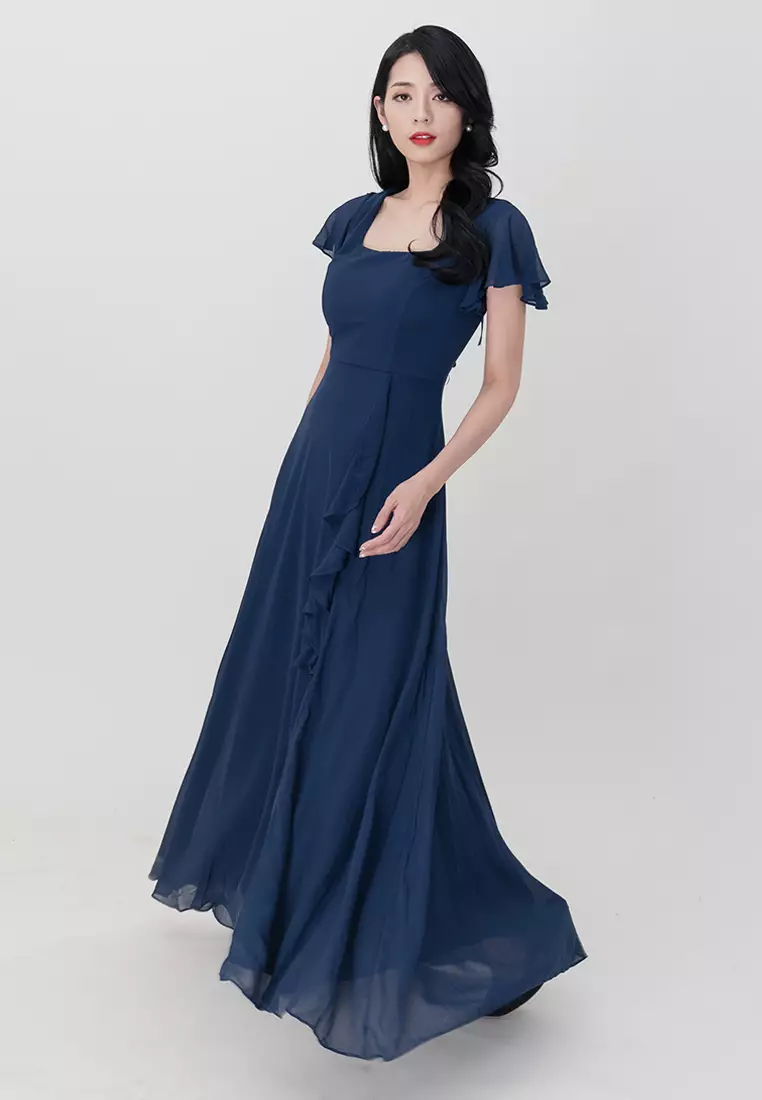 方领雪纺长裙开衩连衣裙