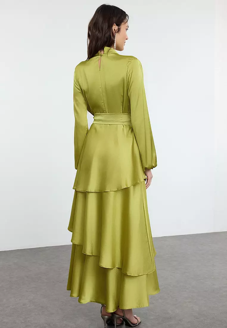 Oil Green Layered Satin Woven Evening Dress/Evening Gown TCTSS24DB00050