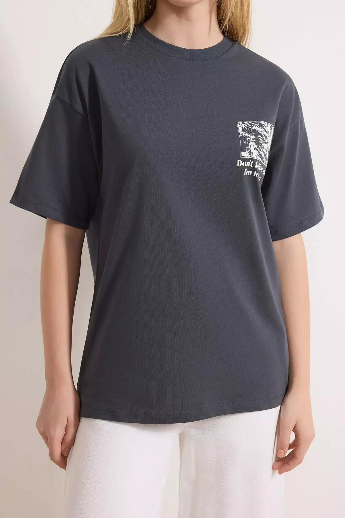 Anthracite 1% Cotton Back And Front Printed Oversize/Relaxed Fit Knitted T-Shirt Twoss24Ts234
