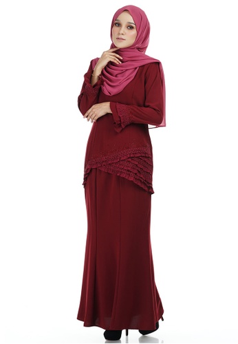 Buy Hawa Kurung with Asymmetry Layered Pleated from Ashura in Red at Zalora
