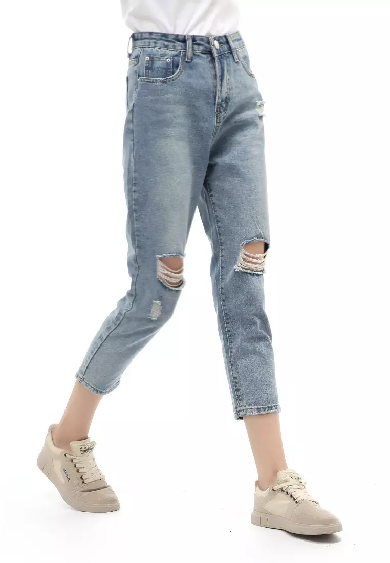 Jourel Long Pants Celana Panjang Jeans Sobek Wanita Desain Stylish Material Denim ORIGINAL - Light Blue