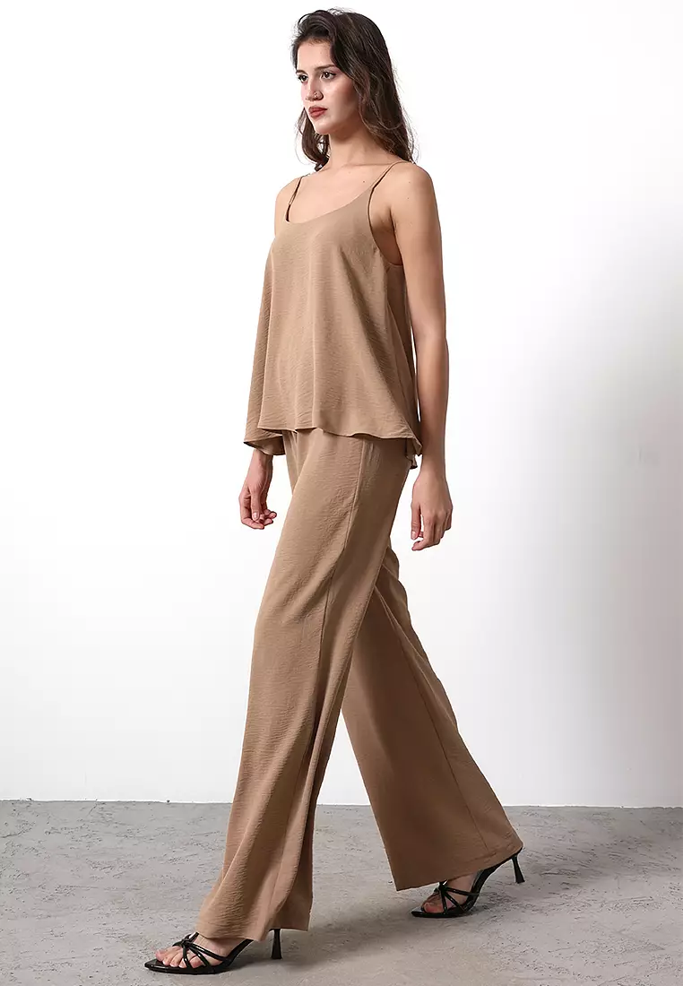 Brown Woven Strap Blouse Top Bottom Set