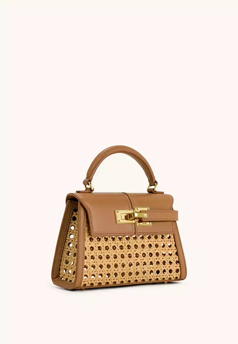 Elise Faux Bamboo Woven Top Handle Bag - Brown