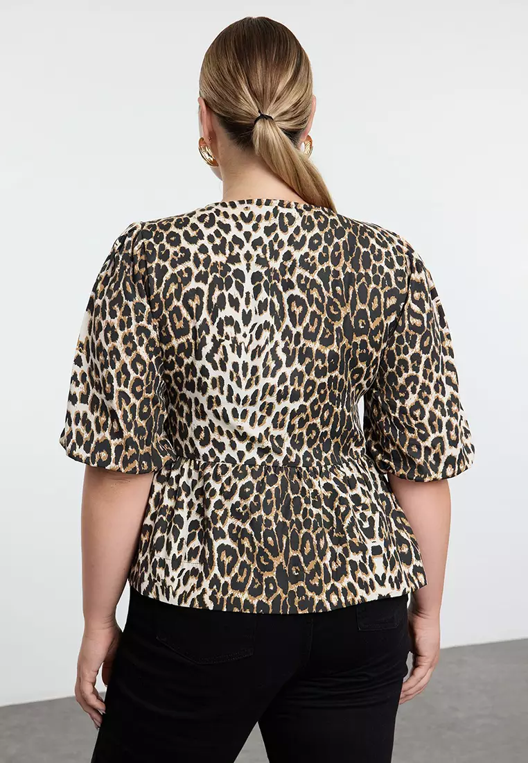 Multicolored Women's Bow Leopard Patterned Woven Plus Size Blouse TBBAW25AF00021