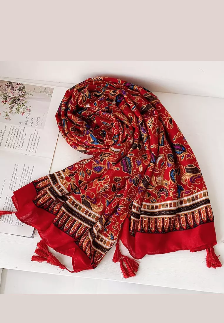 Jual San Marco Batik Pattern Tassels Viscose Shawl Syal Wanita Red ...