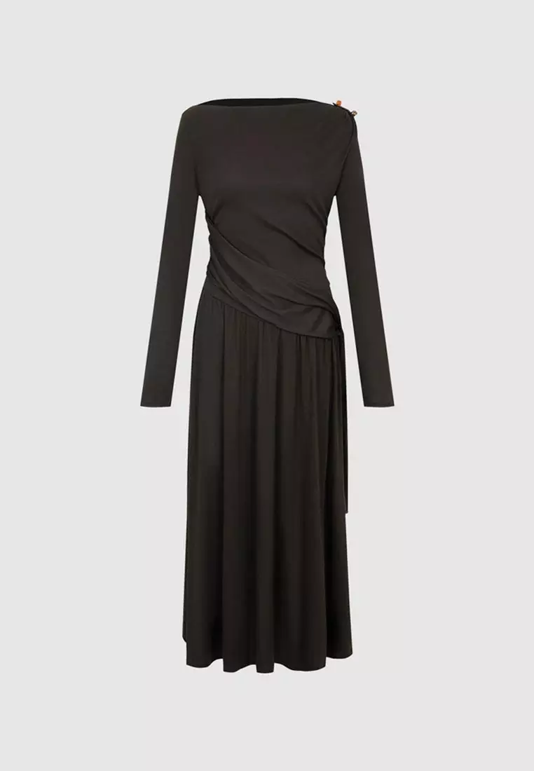 black long sleeve ruched asymmetric knitted dress Urban Revivo Draped Off-shoulder Button Stretch Knit 2026 | Buy Urban Revivo Online NPU-Deejay-202432