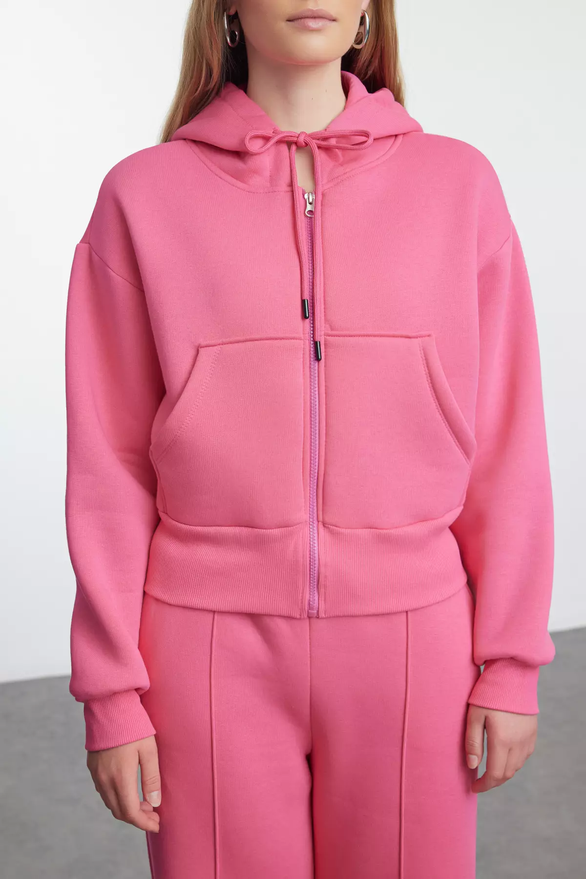 Pink 3-Piece Fleece Hooded Relaxed Knitted Tracksuit Set Twoaw25Em00007