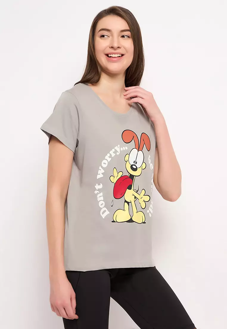 Clovia Garfield Print T-shirt in Light Grey - 100% Cotton