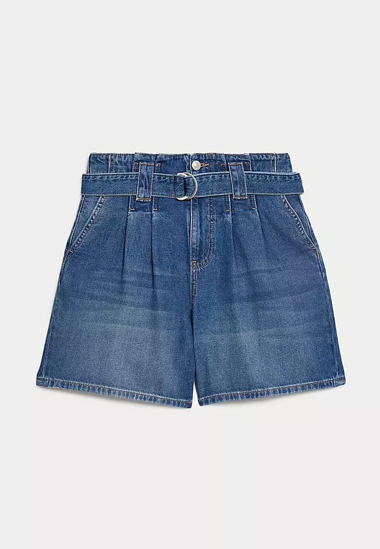 Denim Pleat Front Belted Shorts