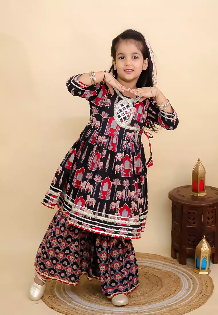 The Mom Store Girls Ragini Mudra Anarkali Kurta Sharara Set - Black