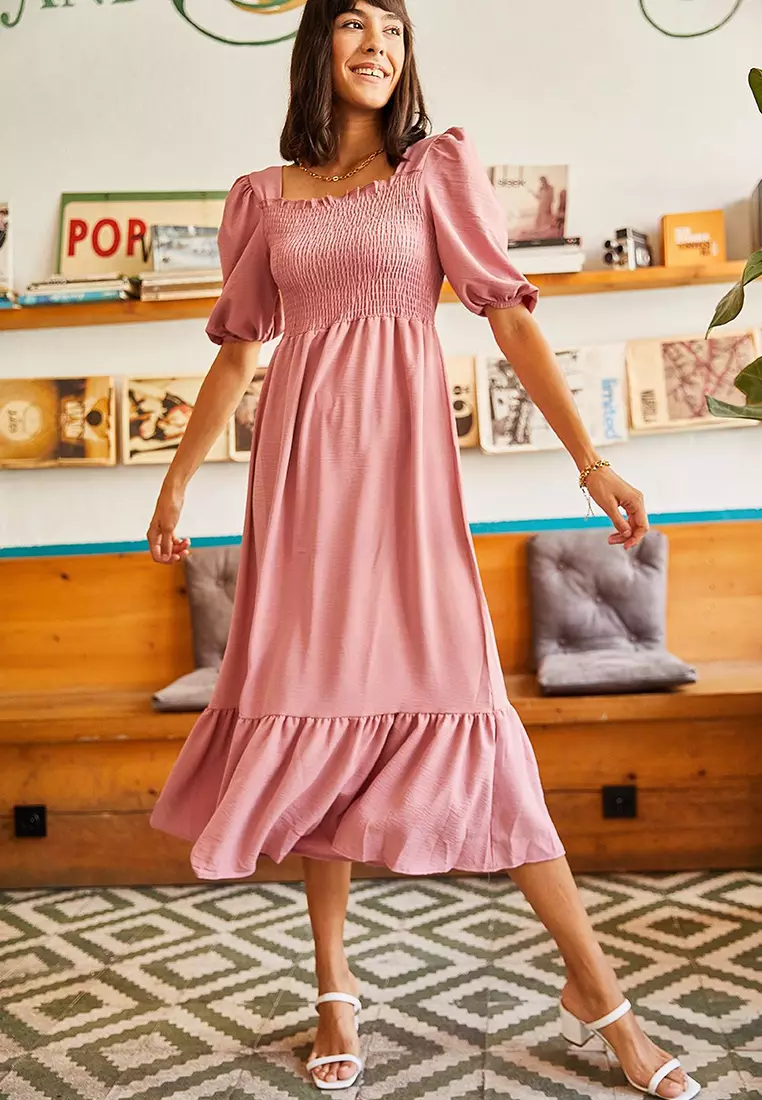 Square Neck Shirring Dress