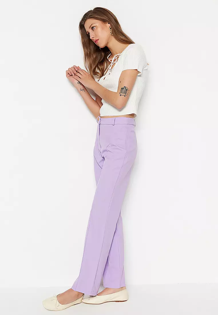 Lilac Straight High Waist Ribbed Stitched Woven Trousers