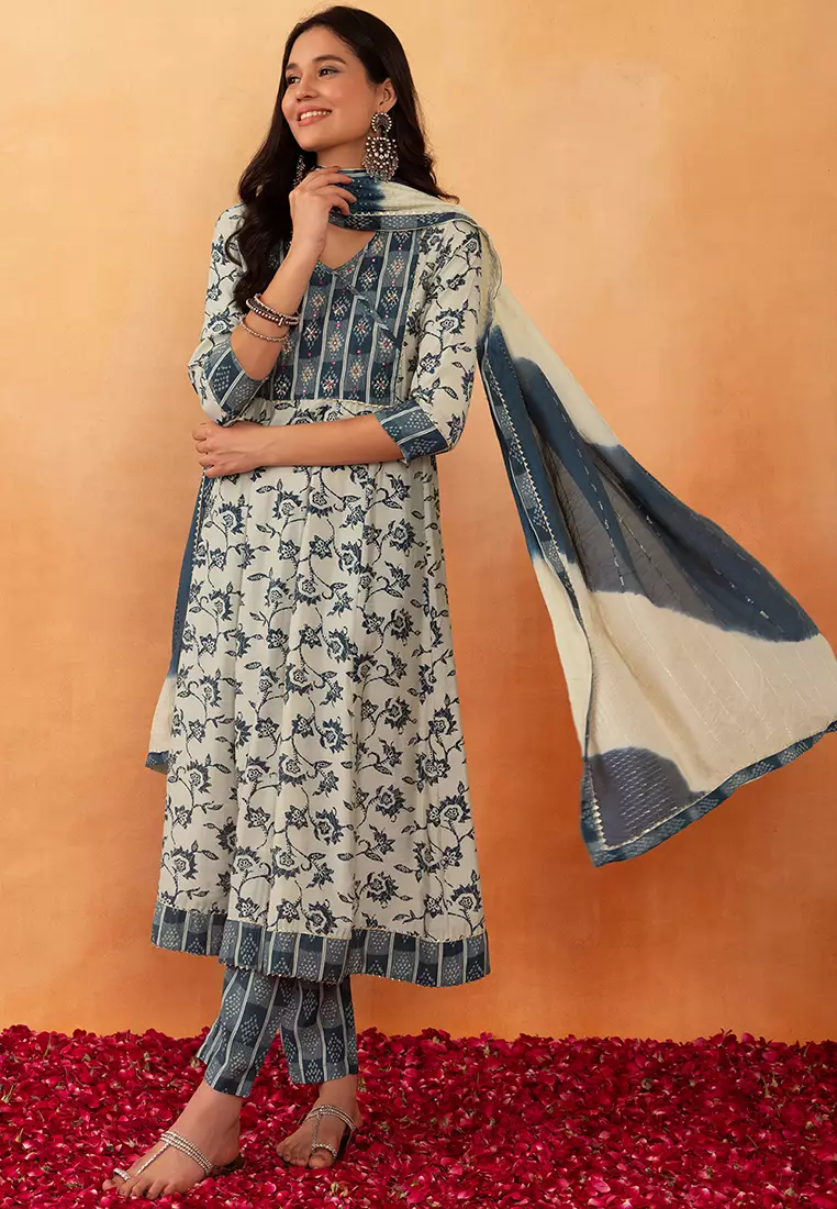 Buy Indya Off White And Blue Floral Print Muslin Anarkali Kurta