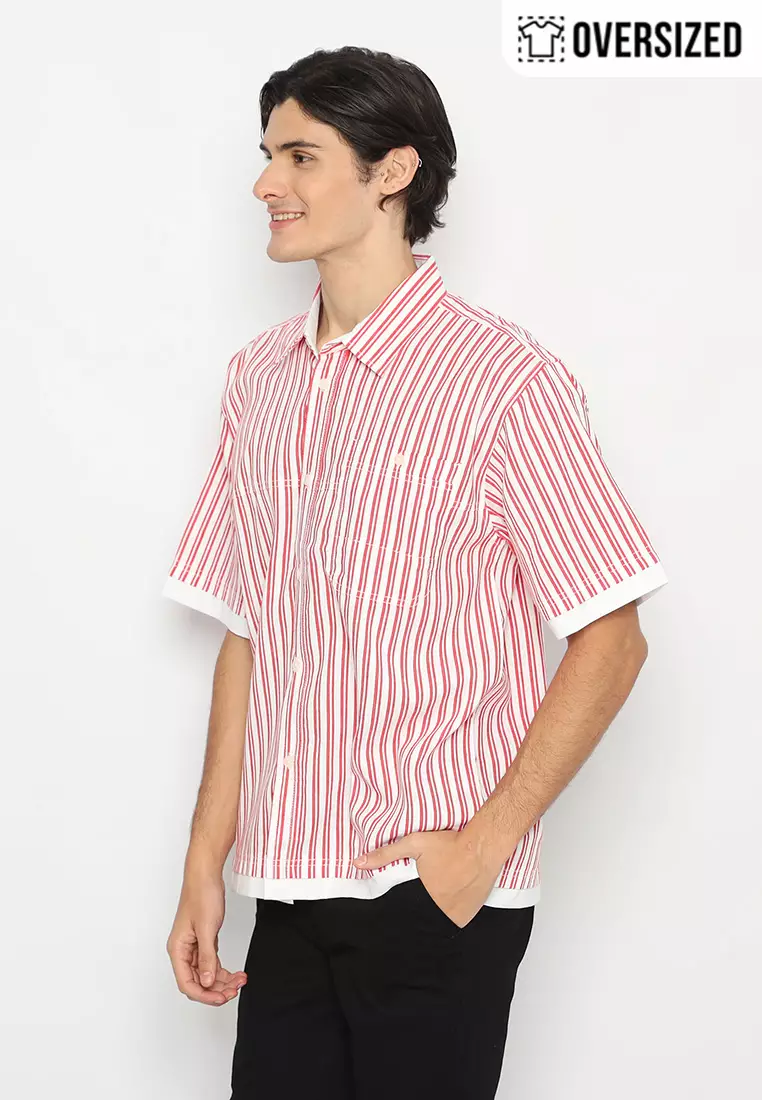 RBJ Kemeja Salur Kombi Oversized Putih Merah Pria