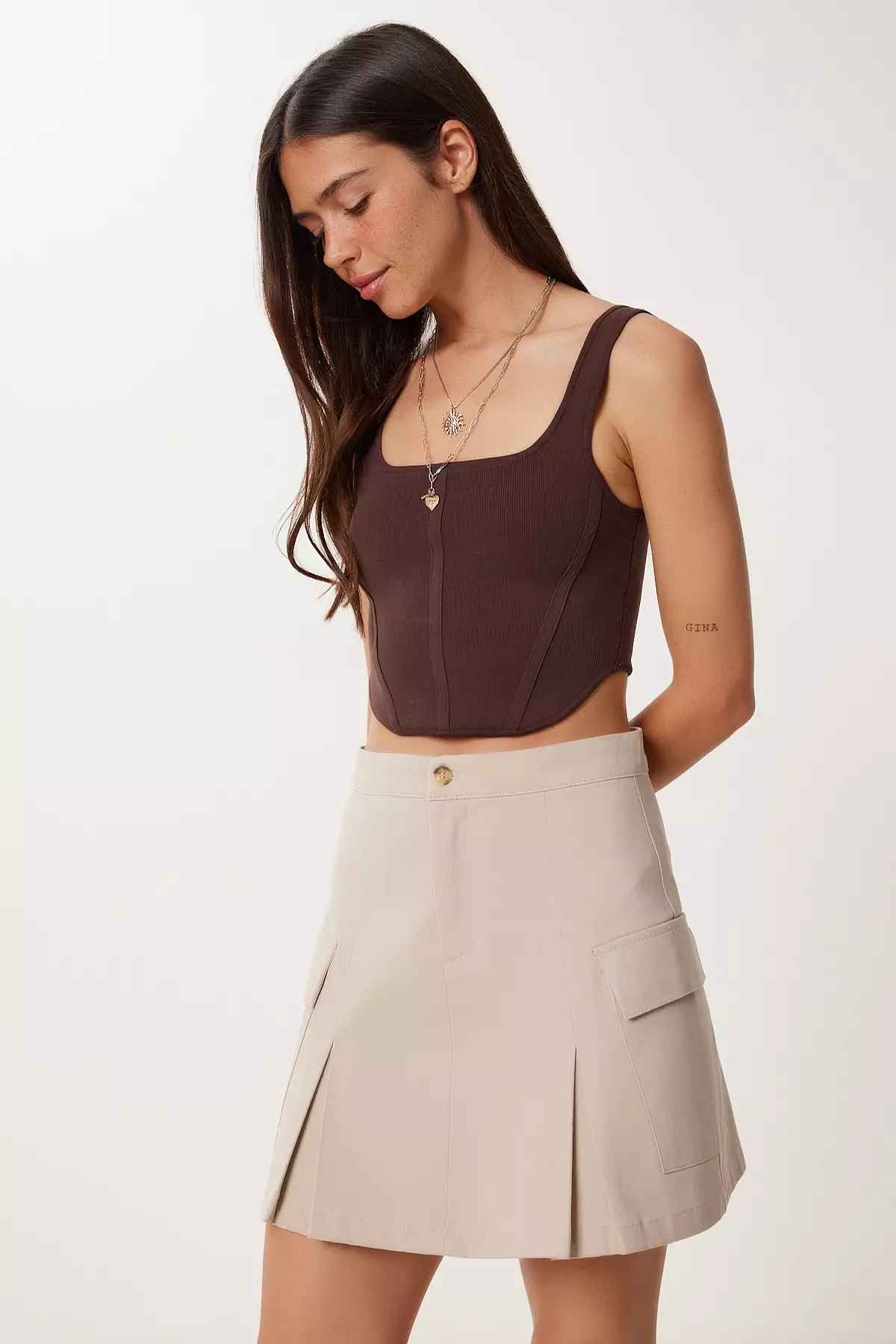 Women's Beige Pleated Pocket Mini Gabardine Skirt Vw00006