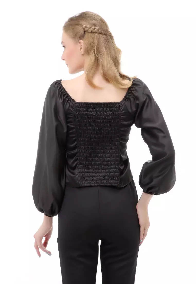 Cheva Blouse Casual Wanita Sabrina Kerut Dada Lengan Panjang Material Satin ORIGINAL - Black