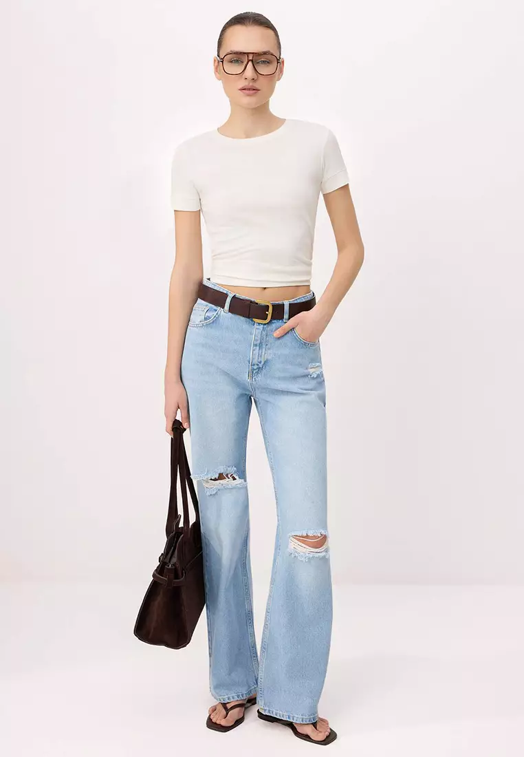 Blue Ripped Detailed High Waist Wide Leg Jeans Twoss26Je264