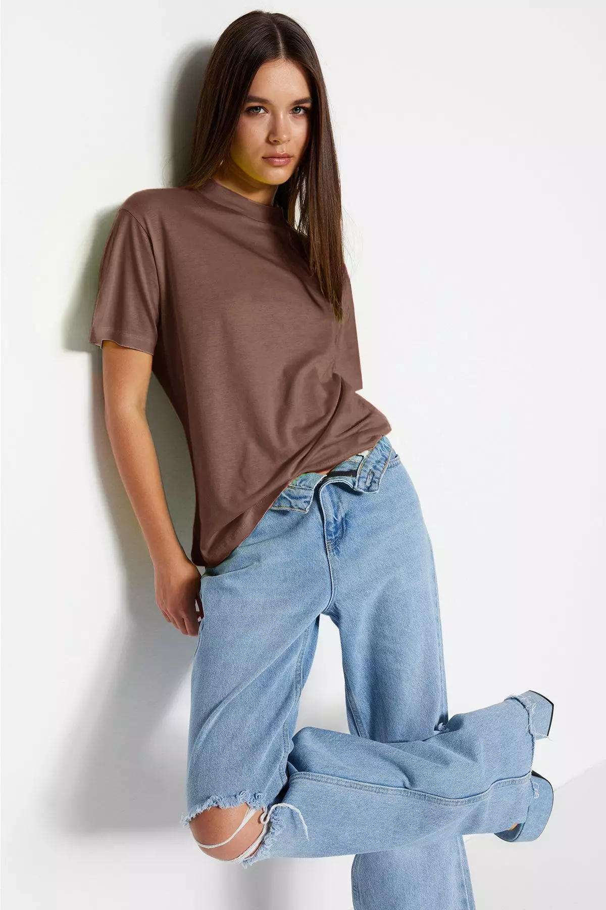 Light Brown 100% Cotton Basic Regular/Normal Pattern Stand Collar Knitted T-Shirt TWOAW20TS0096