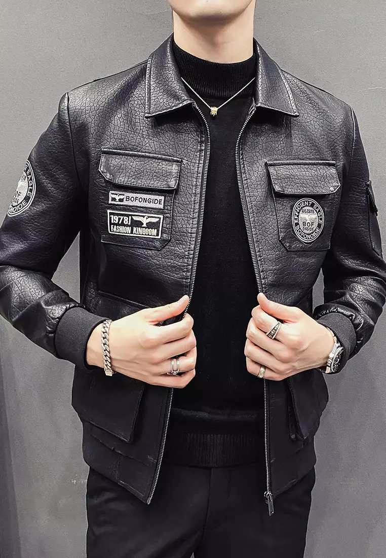 Faux Leather Aviator Embroidered Jacket MJ616