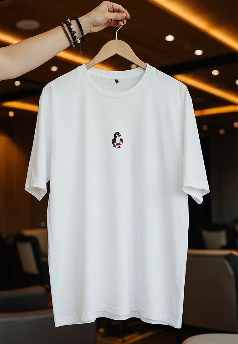 Ecru Oversize/Wide Cut Penguin Embroidered 100% Cotton T-Shirt