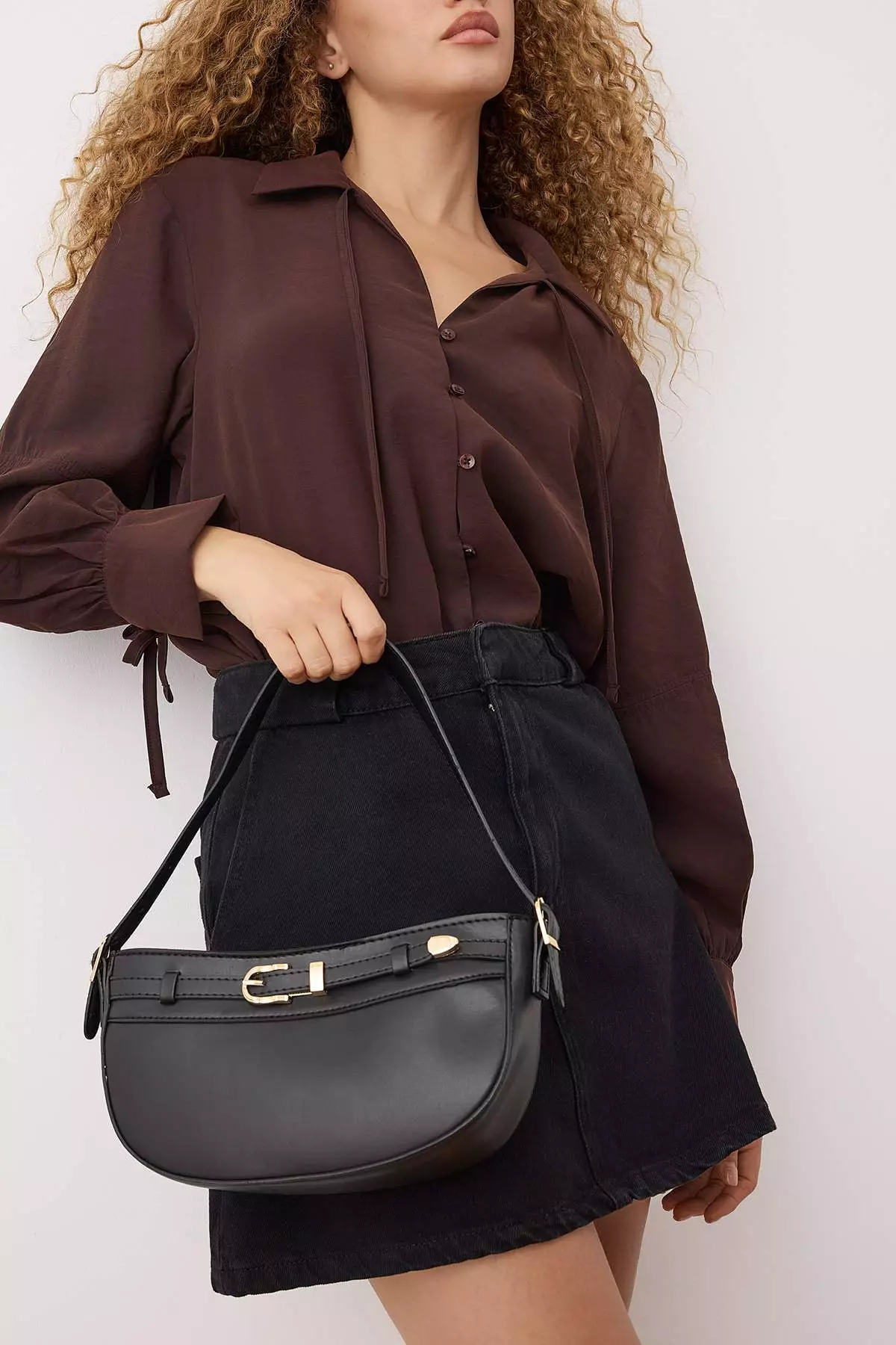 Black Buckle Detailed Women's Mini City Shoulder Bag