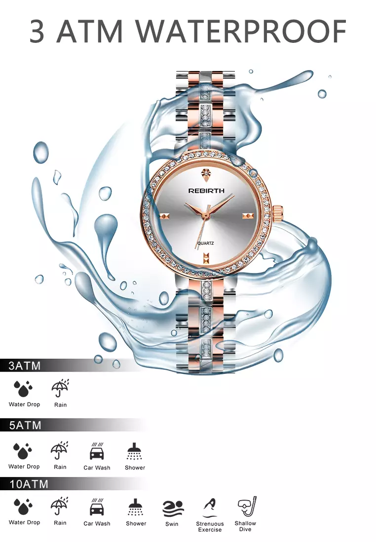 jam tangan wanita  Mewah 3ATM Tahan Air Tali stainless steel dengan gelang