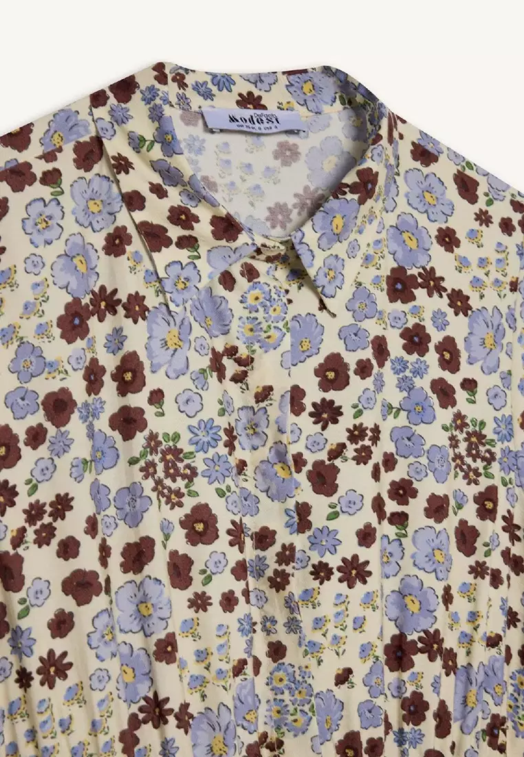 Shirt Collar Print Long Sleeve Maxi Dress