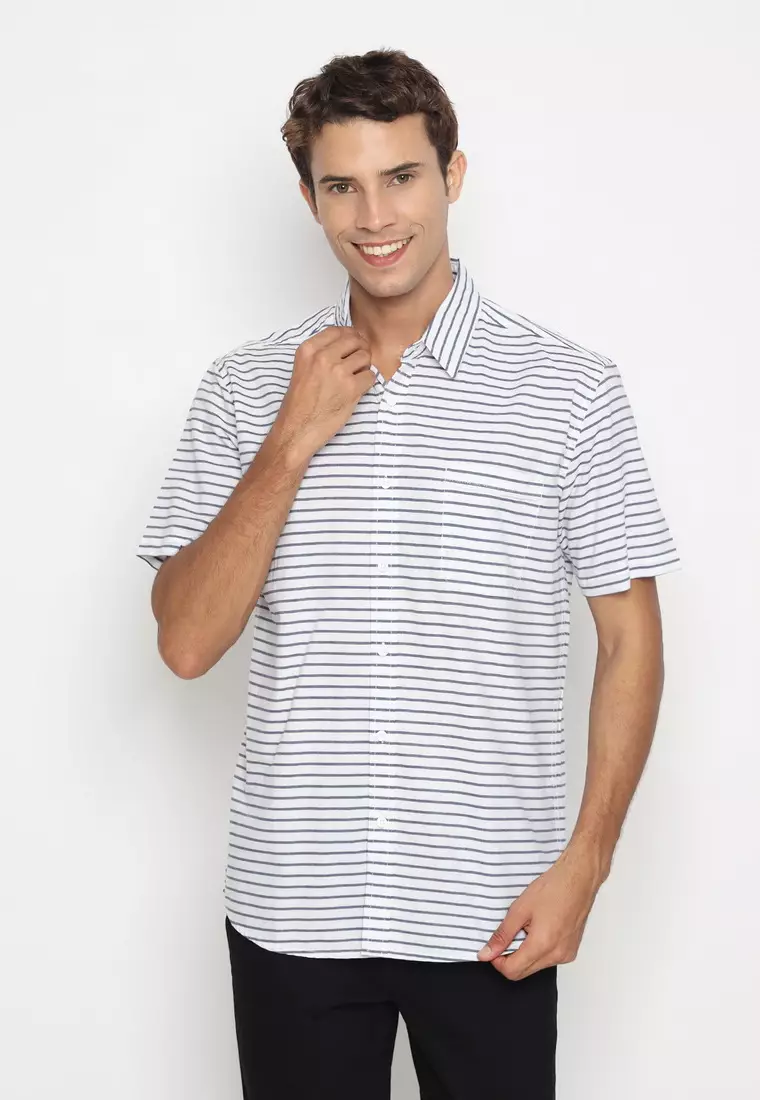 RBJ Kemeja Salur Printing Putih Regular Fit Pria