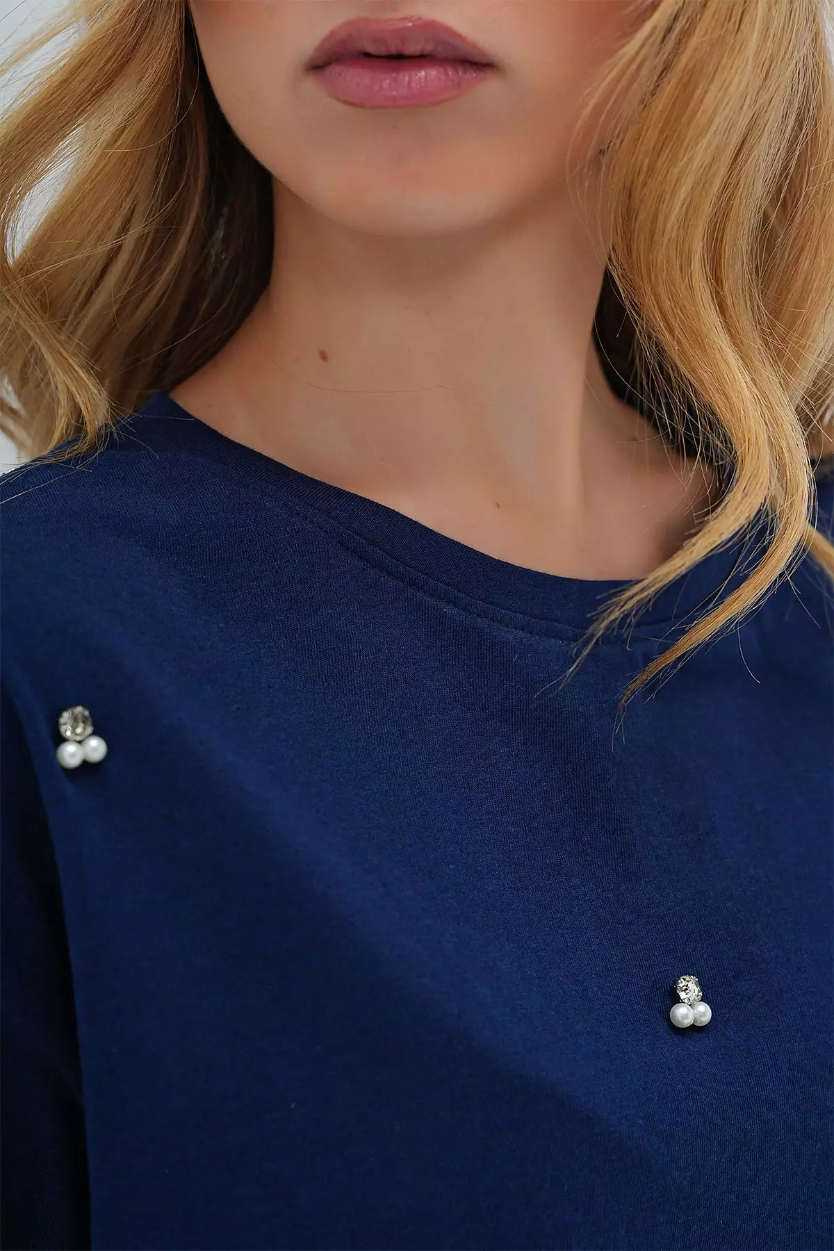 Women's Light Navy Blue Crew Neck Oversize Pearl and Stone Embroidered T-Shirt