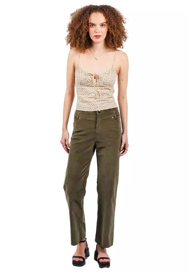 Corduroy Straight Leg Pants With Front Yoke And Raw Hem