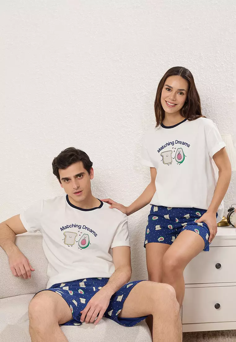 Ecru - Navy Blue Regular Fit Printed Couple/Double Knitted Shorts Men's Pajama Set TMNSS25PT00051