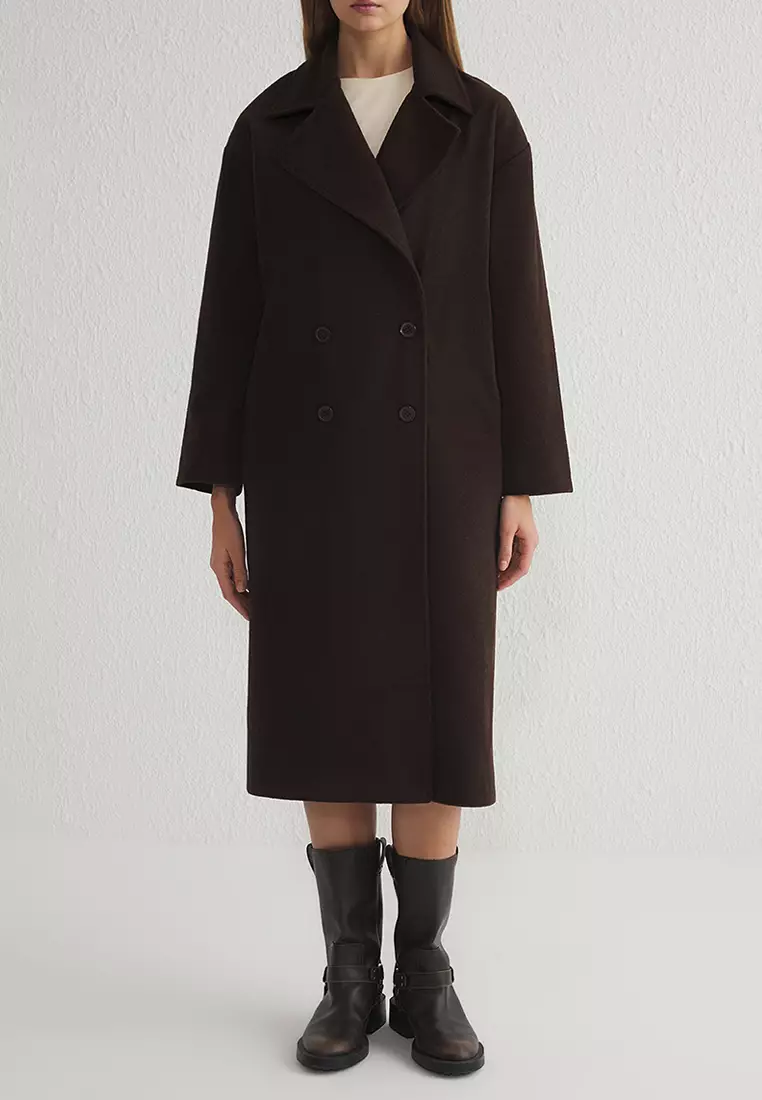 Brown Oversized Wide Cut Long Wool Cashmere Coat TWOAW21KB0038