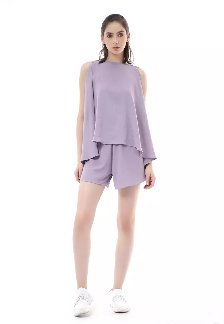 Nayra One Set Setelan Wanita Sleeveless Blouse with Short Pants Plain Motive Material Crepe Crinkle ORIGINAL - Lilac