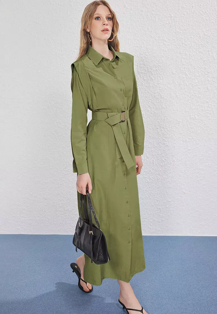 Khaki Belt Buckle Detailed Woven Terrycotton Dress Tctss25Eb00134