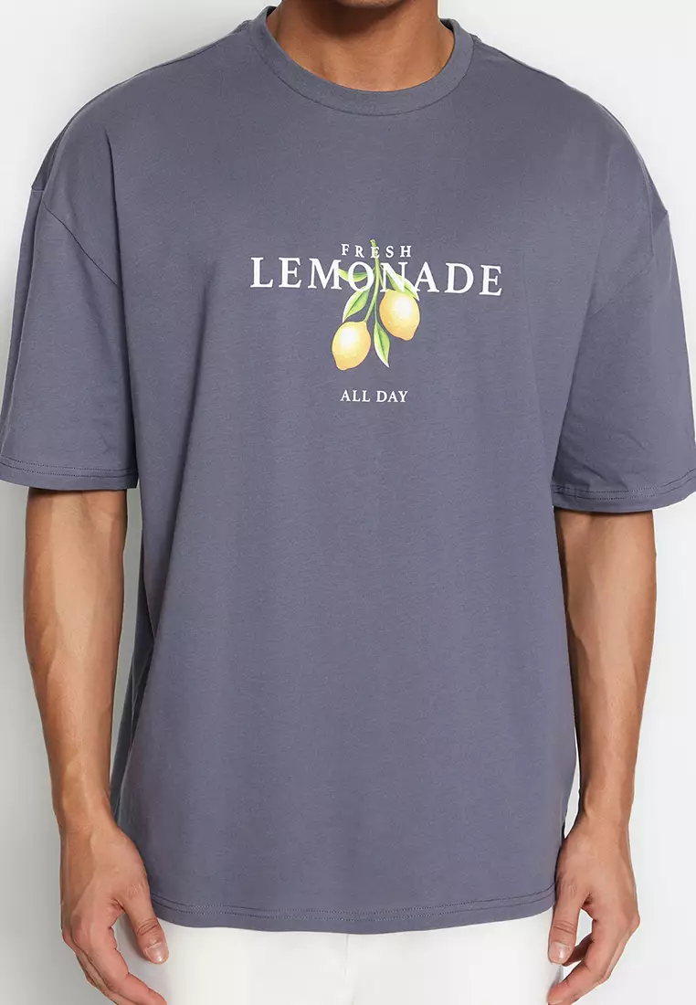 Anthracite Unisex Oversize/Wide Cut Crew Neck Short Sleeve Printed T-Shirt