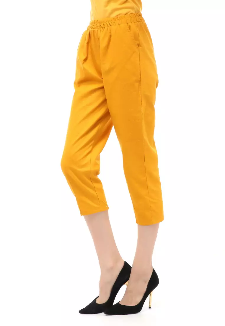 Long Pants Bawahan Wanita Motif Polos Design Casual - Mustard