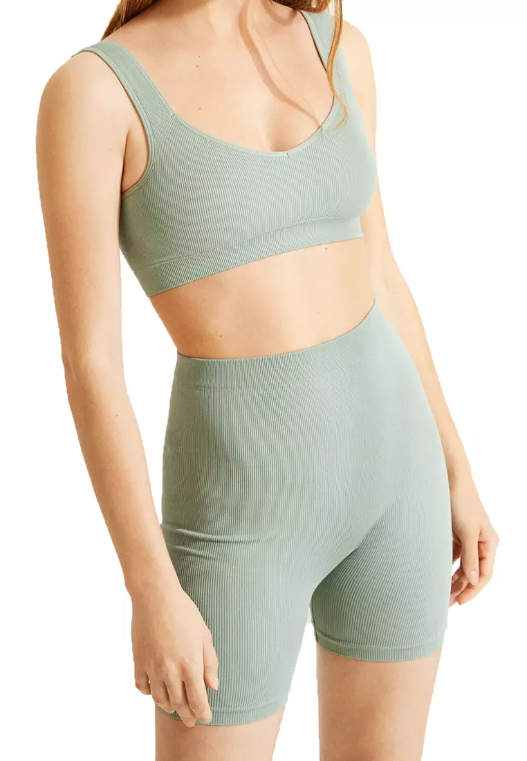 Women'secret Green Seamless Ribbed Bra Top With Removable Cups