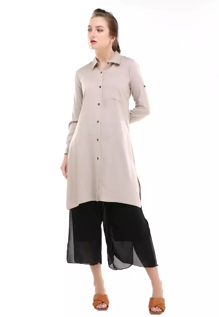 Eleazar Tunik Long Sleeve Motif Solid Design Casual Atasan Wanita Regular Fit - Nude